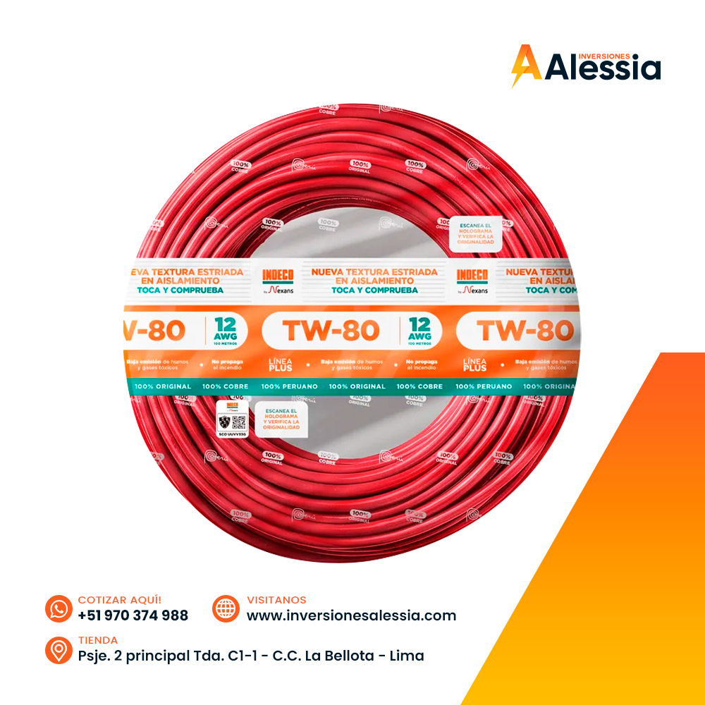 Cable TW-80 Plus 12 AWG 450/750V Rojo Indeco 100 Metros