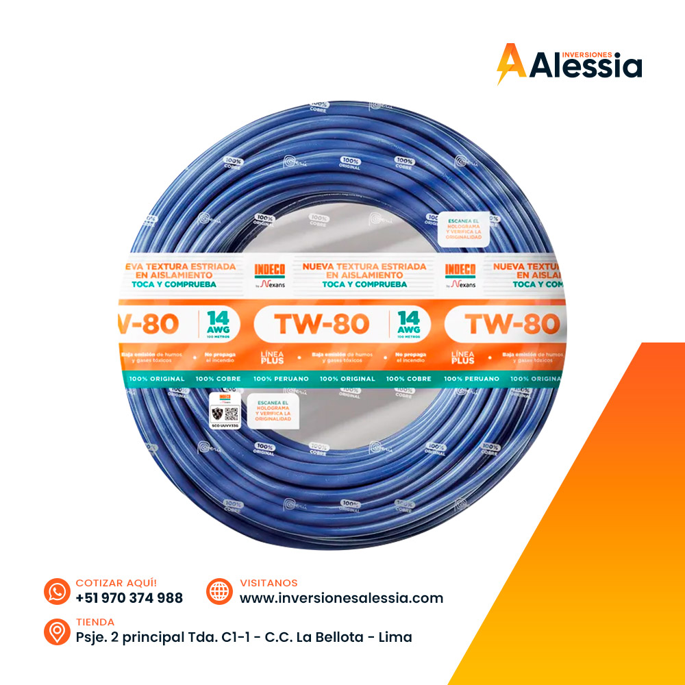 Cable TW-80 Plus 14 AWG 450/750V Azul Indeco 100 Metros